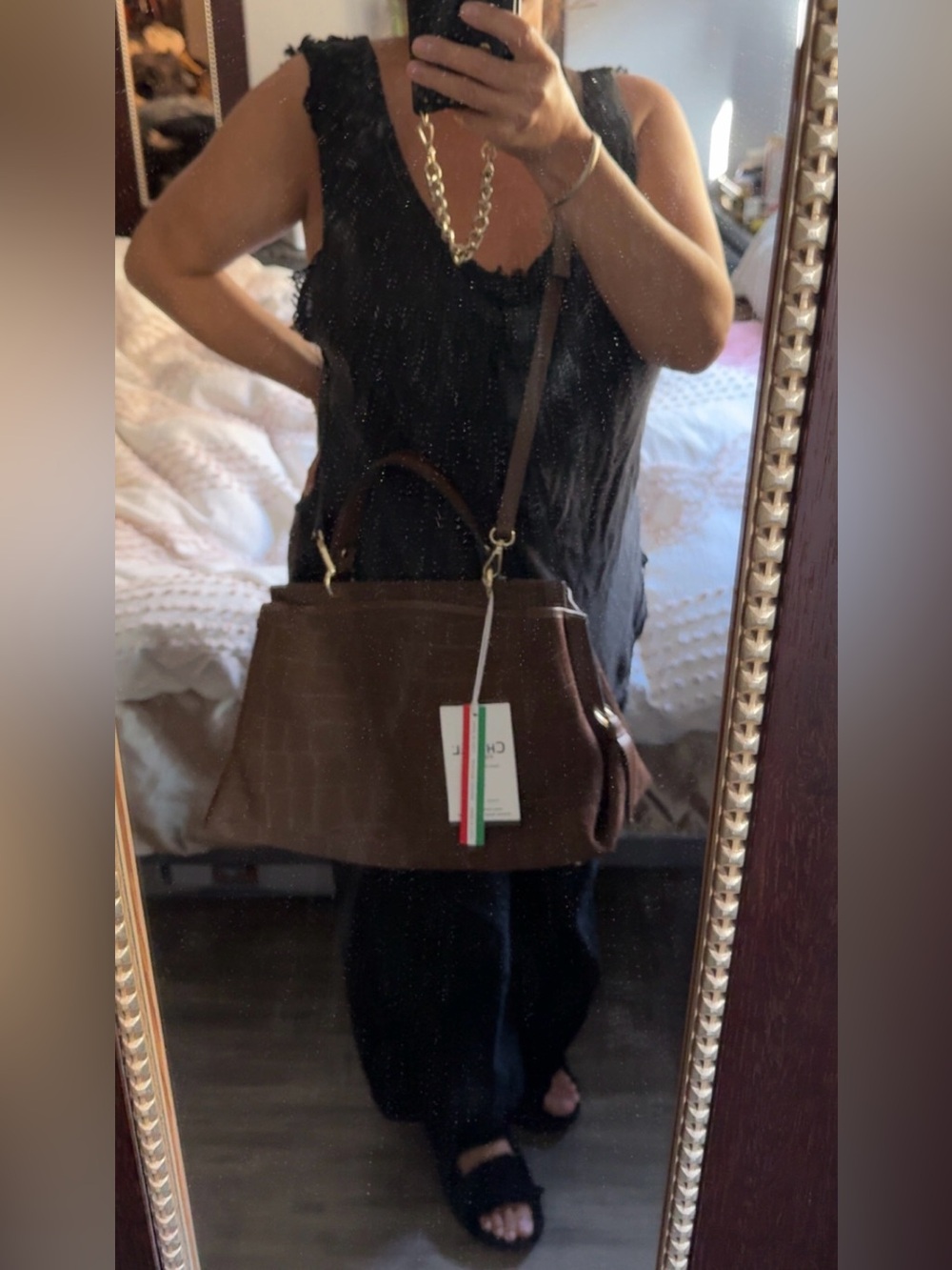 Brown Croc-Embossed Suede Top-Handle Women’s Bag - Picture 12 of 13